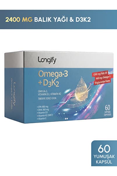 Longify Omega 3 + D3K2, Yüksek EPA & DHA, Vitamin D3, Vitamin K2 (MK7), Vitamin E, Balık Yağı, 60 Softjel