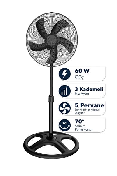 KUMTEL KTF-345 Siyah 18 İnç Ayaklı Vantilatör 60 W, 5 Pervaneli, 3 Kademeli, 132 cm