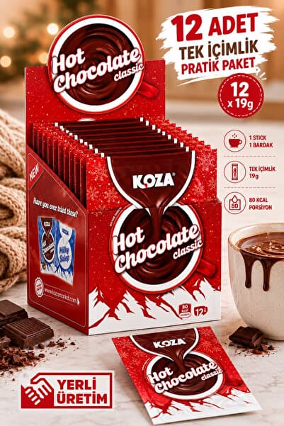 Koza Belçika Çikolatası Lezzetinde Premium Hot Chocolate Tek İçimlik Yeni Nesil Sıcak Çikolata 12 x 19 Gr