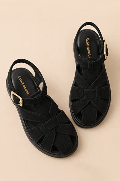 Scarpebutik Kadın Siyah Süet Kafes Toka Detaylı Sandalet