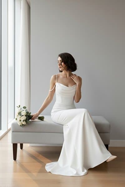 ENDAMIM Balık Model Straplez Yaka Uzun Kollu Maxi Abiye Elbise Nikah Düğün Elbisesi