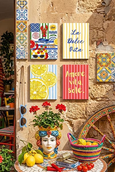BYC TÜRKİYE La Dolce Vita Tablo Seti 4'lü Set – Sicilya Temalı- 15x20 cm, 3 mm MDF, UV Baskı