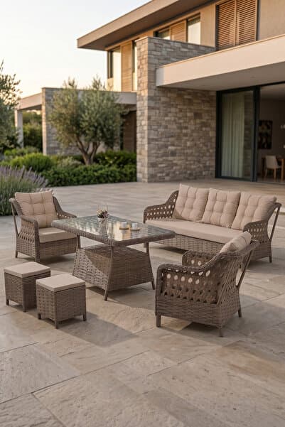 Canisa Akasya Serisi 1. Sınıf 3+1+1+2 Puf Kahverengi Rattan Cappucino Minder Bahçe Takımı, Balkon Takımı