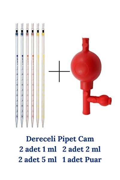 Mr. Crowley Cam Dereceli Pipet 1ml 2 adet, 2ml 2 adet, 5ml 2 adet, 1 adet puar pipet pompası 7 parça set