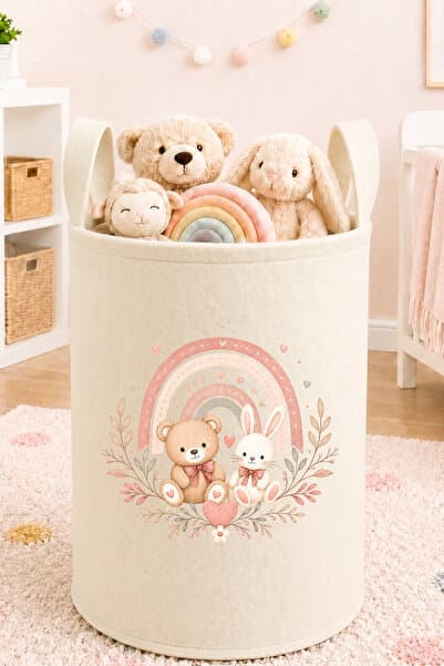 Trend Sizde Ayıcık Tavşan Gökkuşağı Baskılı Oyuncak Sepeti 50x40 cm Bebek ve Çocuk Odası Krem Keçe Düzenleyici Sepet