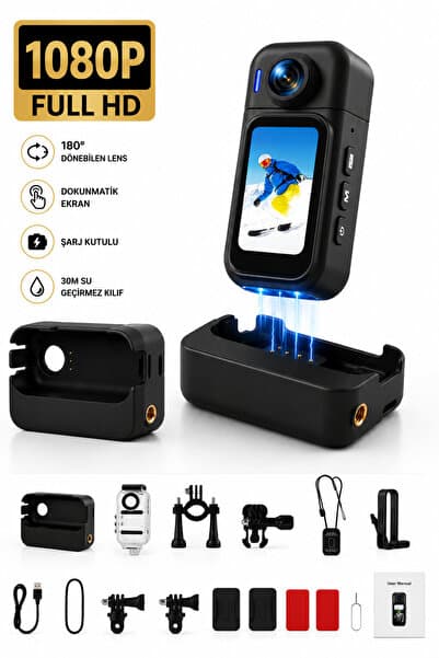 ROBEVE 1080P Full HD Mini Aksiyon Kamerası Şarj Kutulu Powerbankli 180° Dönebilen Lensli Dokunmatik Ekranlı WiFi Destekli Manyetik Taşınabilir Vlog ve Spor Kamerası Su Geçirmez Muhafaza Aksesuar Setli