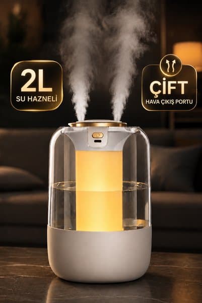 Kordy Led Işıklı Ultrasonik Hava Nemlendirici - 2L Su Hazneli Çift Hava Çıkışlı Sessiz Hava Nemlendirici