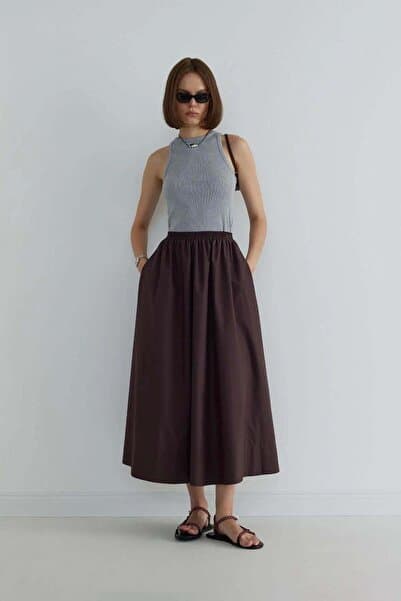 Suud Collection Kahverengi Day Poplin Kloş Etek