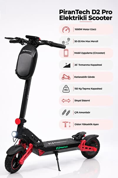 PiranTech D2PRO Elektrikli Scooter 1000W Kırmızı | Mobil Uygulama | Çift Amortisör | Gidon Yükseklik Ayarı