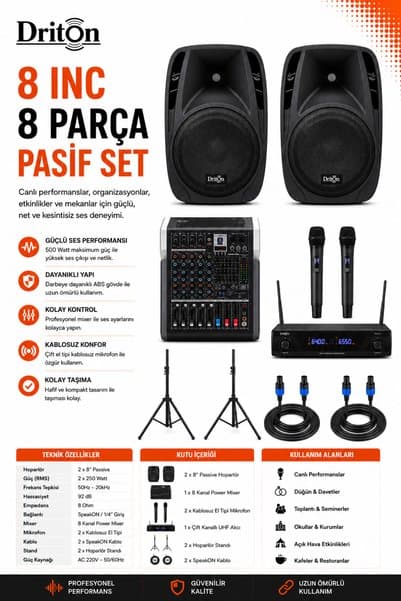 Genel Markalar DRT-008 8 INC 8 PARÇA PASİF HOPARLÖR SET DAVET EVİ - KINA - DÜĞÜN SALONU - OKUL VE KONFERANS