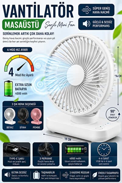 nextbuy Mini Soğutucu Vantilatör Type-C Şarjlı Masa Üstü Fan Taşınabilir 4 Mod Hız Ayarlı Pervane
