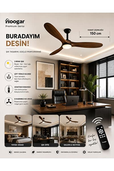Hoogar German 150 CM Büyük Ahşap Ceviz Kanat 3 Renk Uzaktan Kumandalı DC Kömürsüz Motor Şık Tavan Vantilatörü 6 Kademe