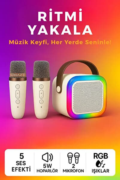 Genel Markalar Çift Mikrofonlu Karaoke Bluetooth Hoparlör Rgb Led Işıklı 5 Efektli Ses Bombası