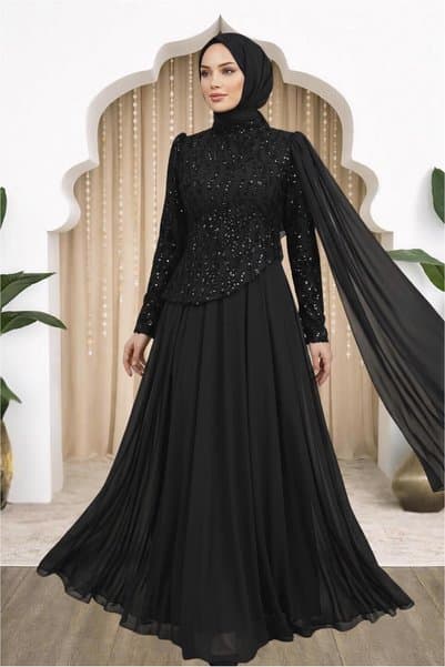 TRENDTESETTÜR KADIN SİYAH PELERİNLİ ABİYE ELBİSE T 0763
