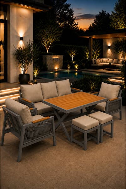 Rovena GARDEN Balkon Takımı, GRİ Bahçe Takımı 5+1 (Masa 70x110 3lü Koltuk 70x180 Tekli Koltuk 70x70 2 Adet puf )