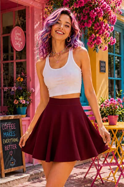 CATSPY Bordo Kadın Dalgıç Kumaş Kloş Mini Etek