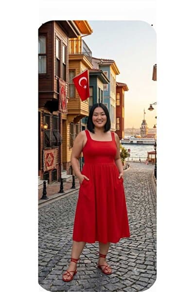 WENSS Kırmızı Cep Detaylı Kare Yaka Skater Midi Finike Dokuma Büyük Beden Elbise