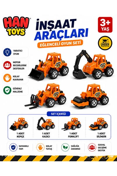 Han toys 4'lü Mini İnşaat Araçları Oyun Seti – Kepçe, Kazıcı, Forklift ve Silindir | 3+ Yaş