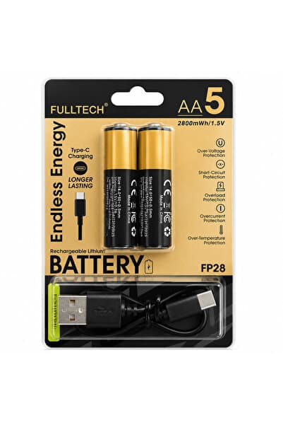 Fulltech Şarjlı AA Pil 2800mWh 1.5V Type-C Lithium-ion Rechargeable Battery 2’li Paket Hızlı Şarj
