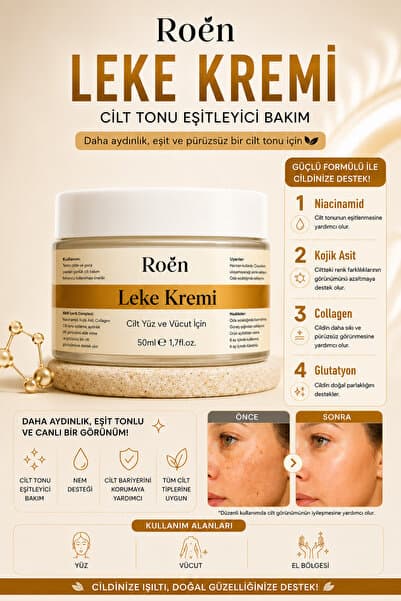 Roen Cilt Beyazlatıcı, Leke Kremi, Kararma, Akne, Güneş Lekeleri, Glutatyonlu Beyazlatıcı Leke Krem 50ml