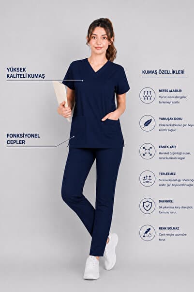 STİLMED Üniforma Lacivert Hemşire ve Doktor Forması Scrubs Takımı Likralı Alt Üst Üniforma Unisex Yarasa Kol