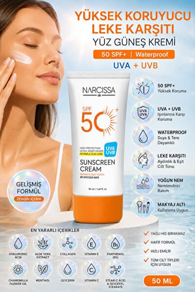 Yüksek Koruyucu, Leke Karşıtı Yüz Güneş Kremi 50 SPF+ Waterproof UVA + UVB 50 ML