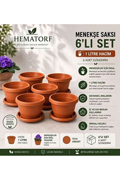 Hematorf Menekşe Saksı 1 Litre 18 Cm - 6 Adet Alt Tabak Dahil