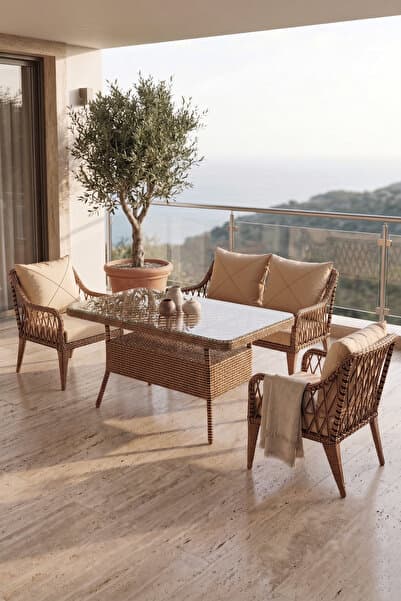 Canisa Tulipa Serisi 1.Sınıf 2+1+1 Cappucino Rattan, Cappucino Minder Bahçe Balkon Oturma Koltuk Takımı