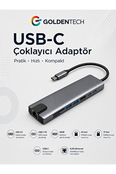 Golden Tech Macbook Pro Air Uyumlu Usb Type-c 8 Hub Dönüştürücü Çevirici Çoklayıcı Usb Hdmı Micro Sd 8in1