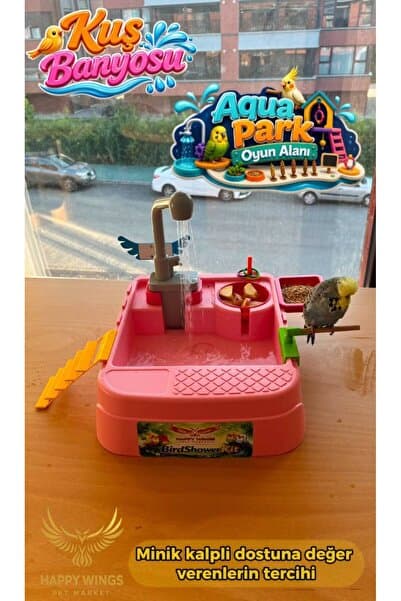 Happy Wings Pet Market Kablosuz Otomatik Çeşmeli Kuş Duşu ve Banyosu Eğlenceli Aqua Park Oyun Alanı Yem Sebze Meyve ve Mama Bölmeli Tüm Evcil Kuşlar İçin Uygun