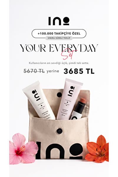 INO Beauty Your Everyday Set: Güneş Kremi 01 Light , Ruj & Allık Scarlet, Işıltılı Nemlendirici Pink Quartz, Çanta