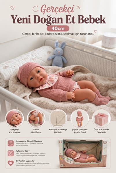 craftivio Gerçekçi Yenidoğan Et Bebek 40 cm - Battaniyeli ve Kıyafetli Özel Kutusunda