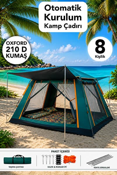 fischerone 8 Kişilik Kamp Çadırı - Otomatik Kurulum Oxford 210 D Kumaş Bahçe Kamp Çadırı 270x270x170