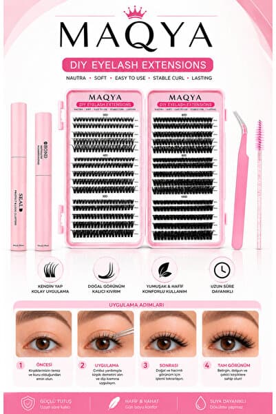 MAQYA KOZMETİK Takma Kirpik Seti 600 Adet, Yapıştırıcı, Sabitleyici, Takma Kirpik Cımbızı, Kirpik Fırçası Doğal Hacimli Kirpik 30D 40D 50D 60D 80D 100D
