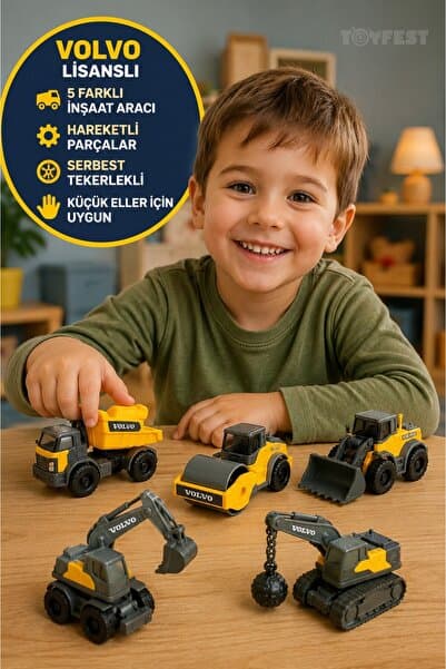 TOYFEST Volvo Lisanslı Micro Workers Mini İnşaat Araçları 5'li Set Hareketli Serbest Teker 9 Cm