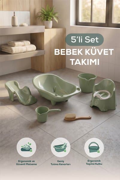 Vienev 5'li Set Fileli Yenidoğan Küvet Seti Yeşil