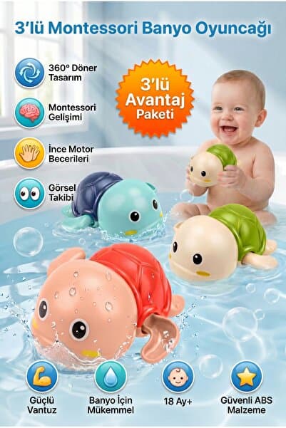 CARA CARO 3'lü Kurmalı Yüzebilen Kaplumbağa Banyo Oyuncak Seti - 18 Ay+ BPA İçermez Bebek Duş Eğlencesi Hediye
