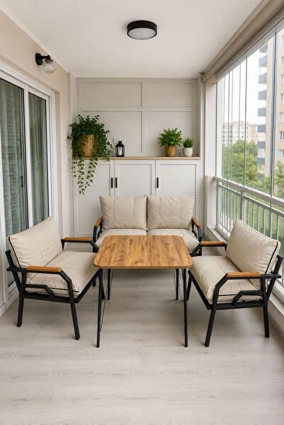 Dekoport Kutay Balkon Takımı, Bahçe Takımı, Çay Seti Koltuk Takımı, Metal Kanepe 2-1-1 50x80 Masalı Krem