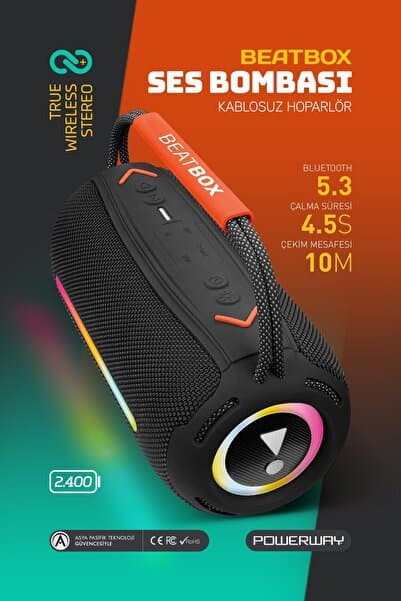 Powerway BeatBox Siyah Led Işıklı Dayanıklı Ses Bombası Usb Sd Aux FM Radyo Bluetooh Hoparlör