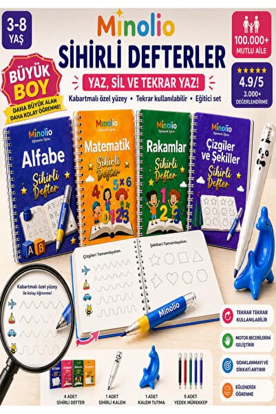 Minolio Sihirli Defter Magic Learn Oluklu Sihirli Yazı Seti – 4 Kitap + Sihirli Kalem Hediyeli