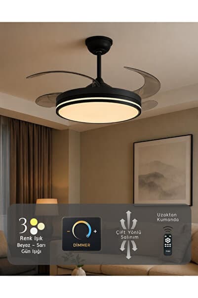 Hoogar German Black Kuhle Tavan Vantilatörü 3 Renk Led Gizli Pervaneli Kumandalı Dimmer Ayarlı Bl Sistem Isınmaz Motor