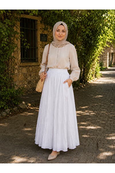 Arinrada Kadın Beyaz Poplin Kumaş Uzun Kırışık Astarlı Cepli Etek