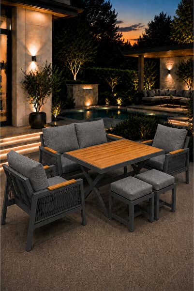 Rovena GARDEN Balkon Takımı, Antrasit Bahçe Takımı 5+1 (Masa 70x110 3lü Koltuk 70x180 Tekli Koltuk 70x70 2 Adet puf )