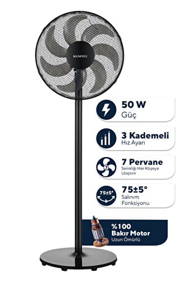 KUMTEL KTF-760 Siyah 16 İnç Ayaklı Vantilatör 50 W,7 Pervaneli,3 Kademeli, 130 cm Yükseklik