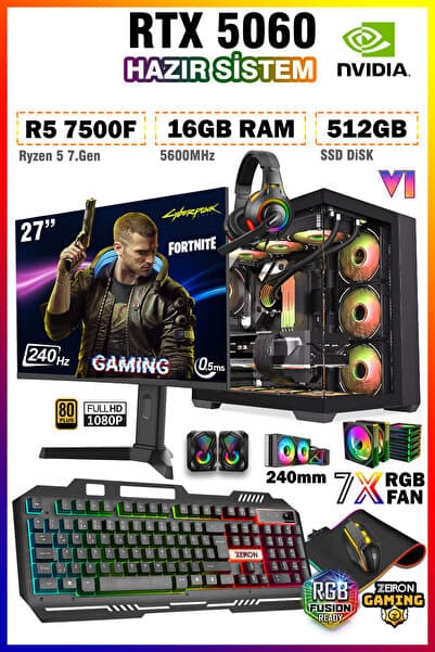 Zeiron Warrior Eagle X70 R5 7500F 16GB 512GB SSD RTX5060 27" 240Hz Sıvı Soğutmalı DDR5 Oyuncu Bilgisayar