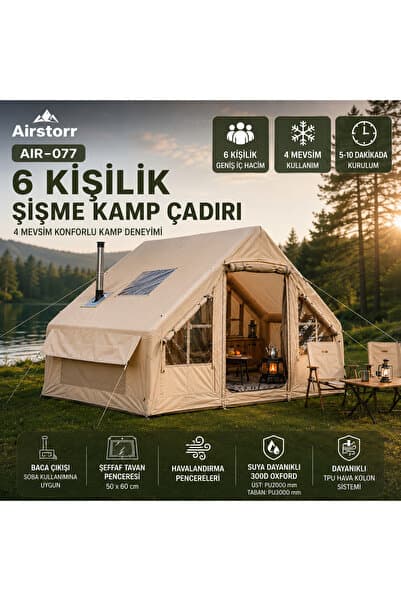 Aırstorr 4-6 Kişilik 4 Mevsim Şişme Kamp Çadırı Şeffaf Tavan Pencereli 2 Kapılı Baca Çıkışlı Air-MAKA-077