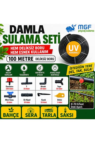 MGF PLAST Mgf 100mt. Deliksiz Damlama Sulama Borusu Malzemeleri Hazır Bahçe Hortum Sulama Seti