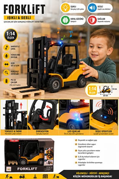 cayenna Pilli Işıklı ve Sesli Oyuncak Forklift 1:14 Ölçek Hareketli Çatallı Çocuk İş Makinesi