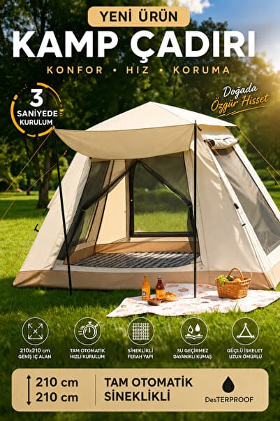 MO DOU Tam Otomatik Kamp Çadırı 210x210 cm 3 Saniyede Kurulum Su Geçirmez Sineklikli Çadırı Outdoor Kamp