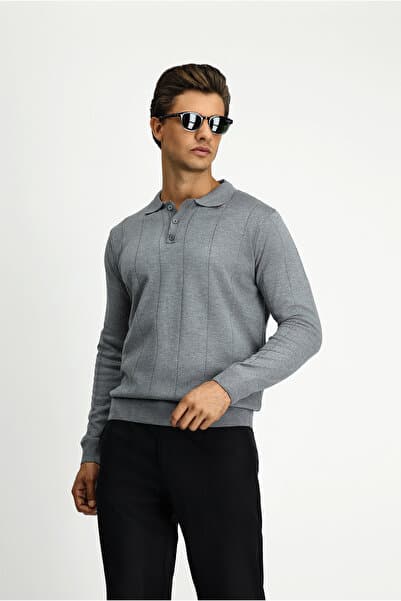 Kiğılı Polo Yaka Düğmeli Regular Fit Çizgili Triko Kazak